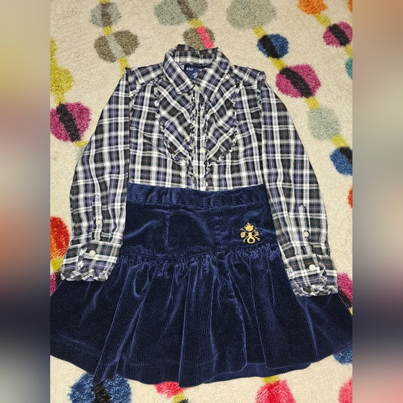 Ralph Lauren Blue Label Girl Sz 5 Navy Skirt Matching Button Up Ruffle Plaid Top - Picture 1 of 12